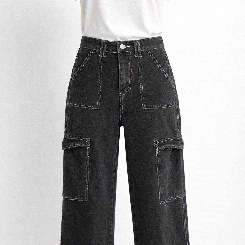 Y2K Faded Black Cargo Jeans Wide Leg High Rise XS/S‎